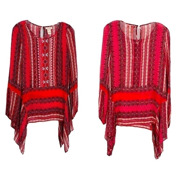 SUNDANCE | SIZE XS | SEMI SHEER EMBROIDERED TAPESTRY RED BLOUSE | BELL SLEEVES - Picture 1 of 10